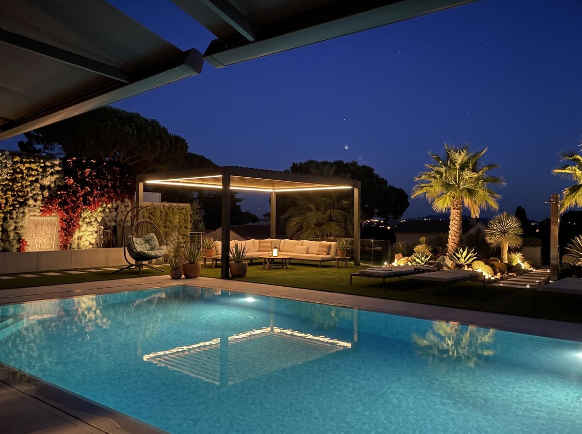 Pérgola CERCA autoportante en un jardín junto a la piscina, de noche, con la iluminación LED encendida