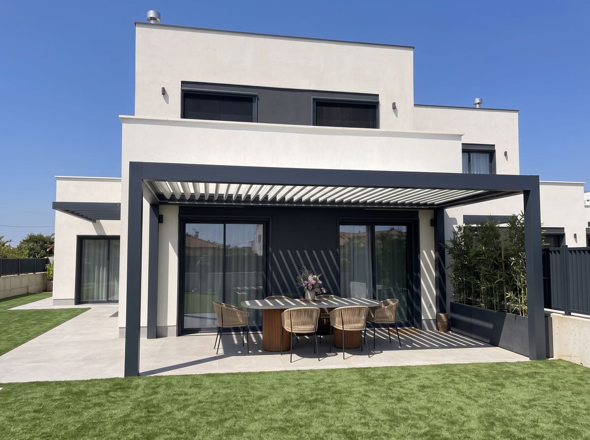 Pérgola bioclimática CERCA adosada a una vivienda con las lamas orientables abiertas, ejemplo del producto valorado desde 15.900 € + IVA