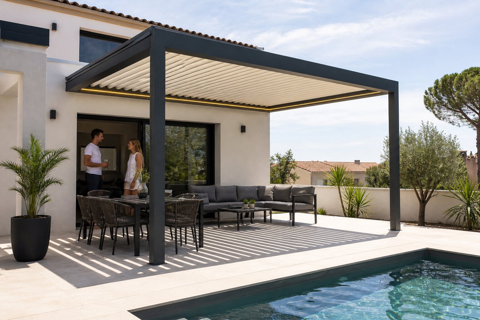 Pérgola bioclimática CERCA con canal de recogida de agua integrado, terraza contemporánea bien mantenida