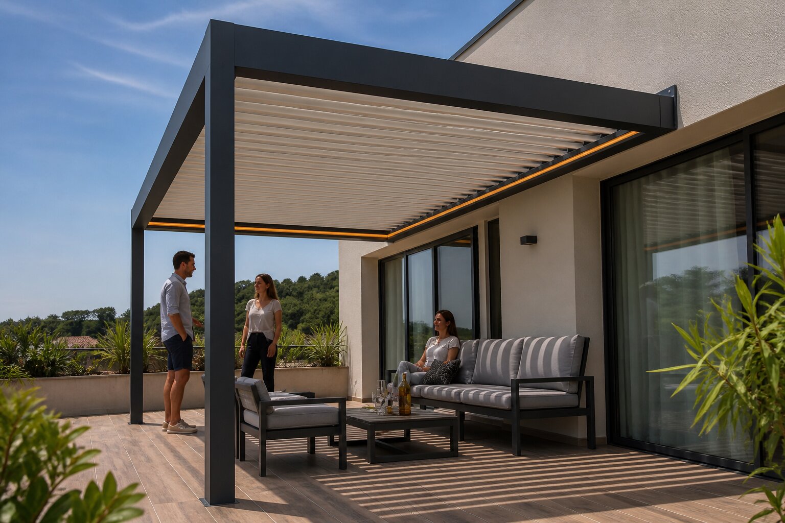 Detalle del acabado premium en aluminio de una pérgola bioclimática CERCA fabricada a medida